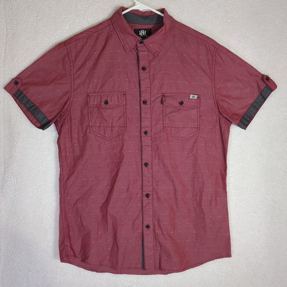 Rock & Republic Men's size Med Short Sleeve Button Up Brick‎ Red and Dark Gray